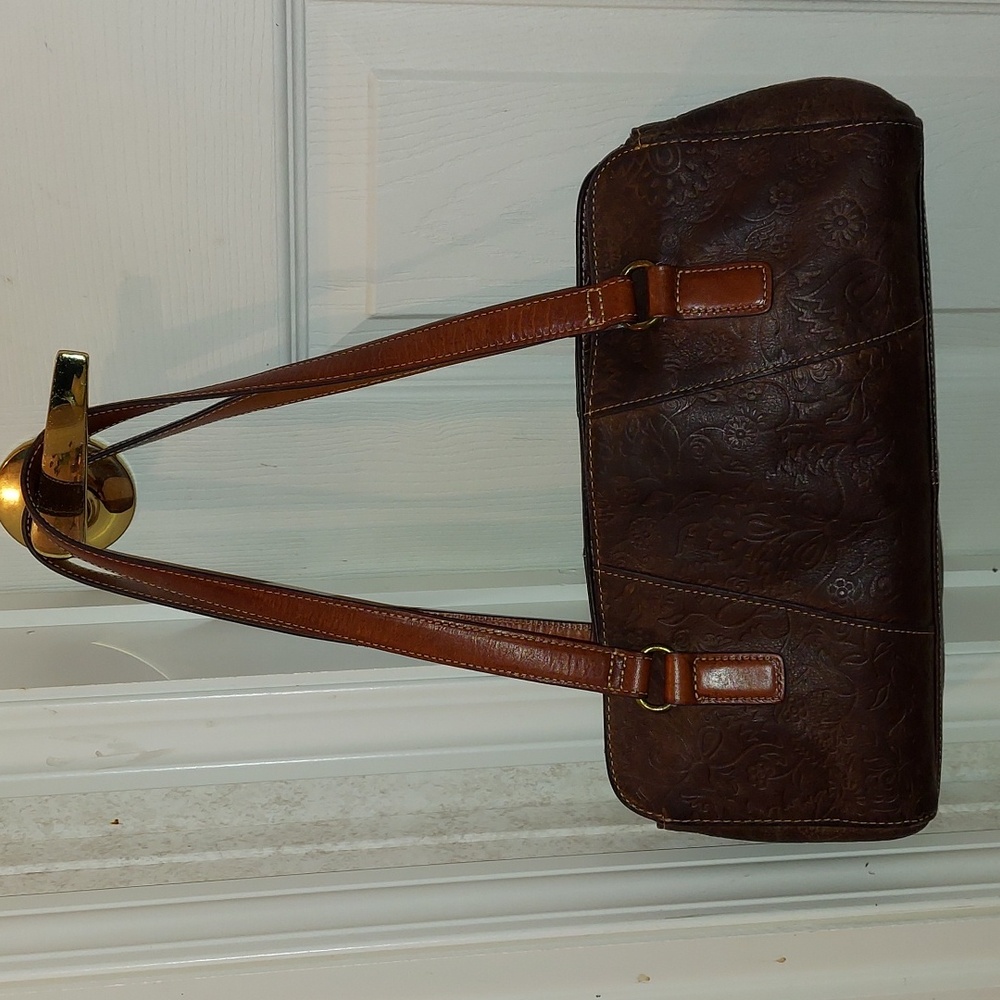 Vintage Fossil Brown Floral Leather Shoulder 2 Handle Bag.